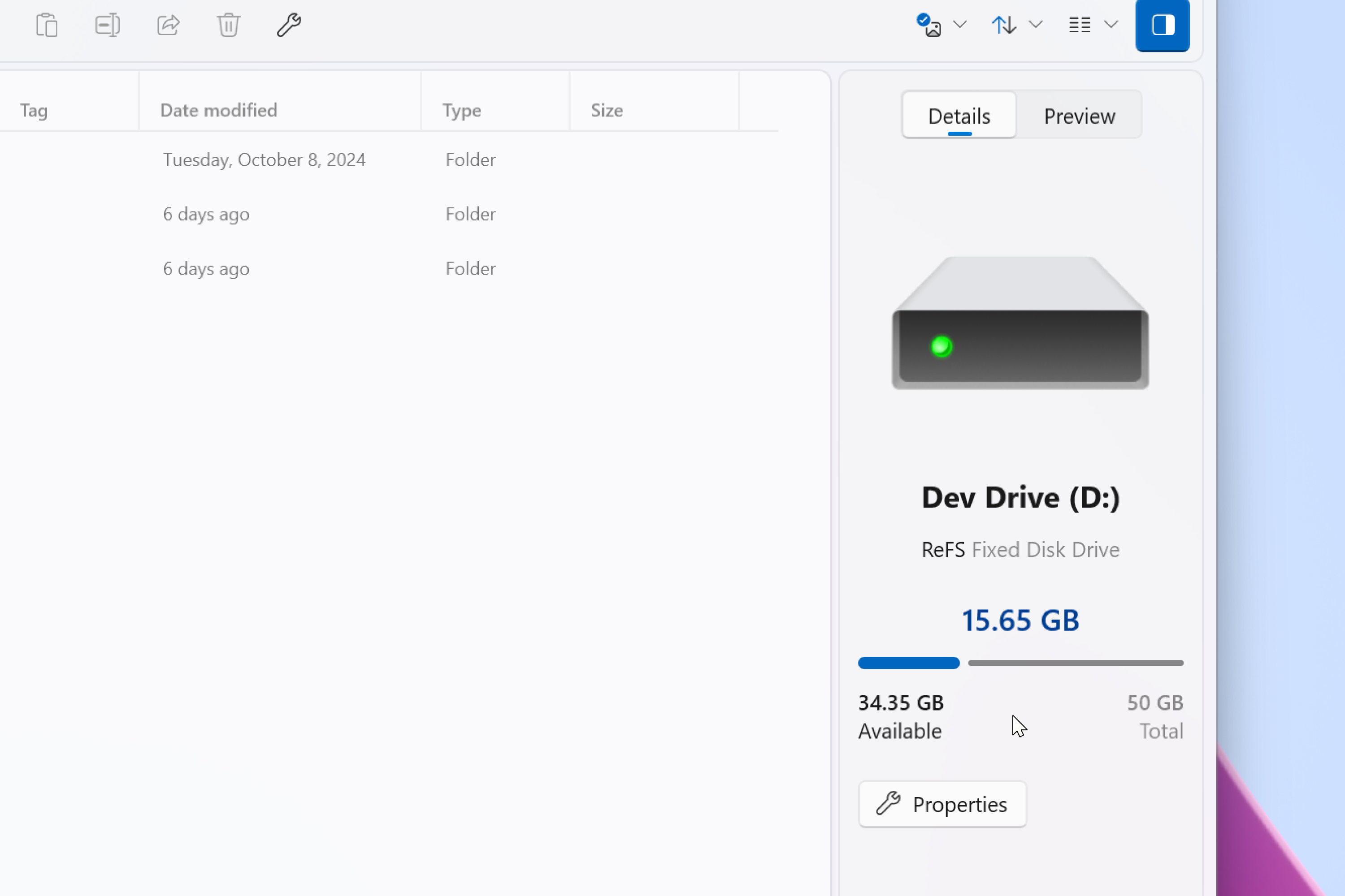Drive storage details in the Details Pane