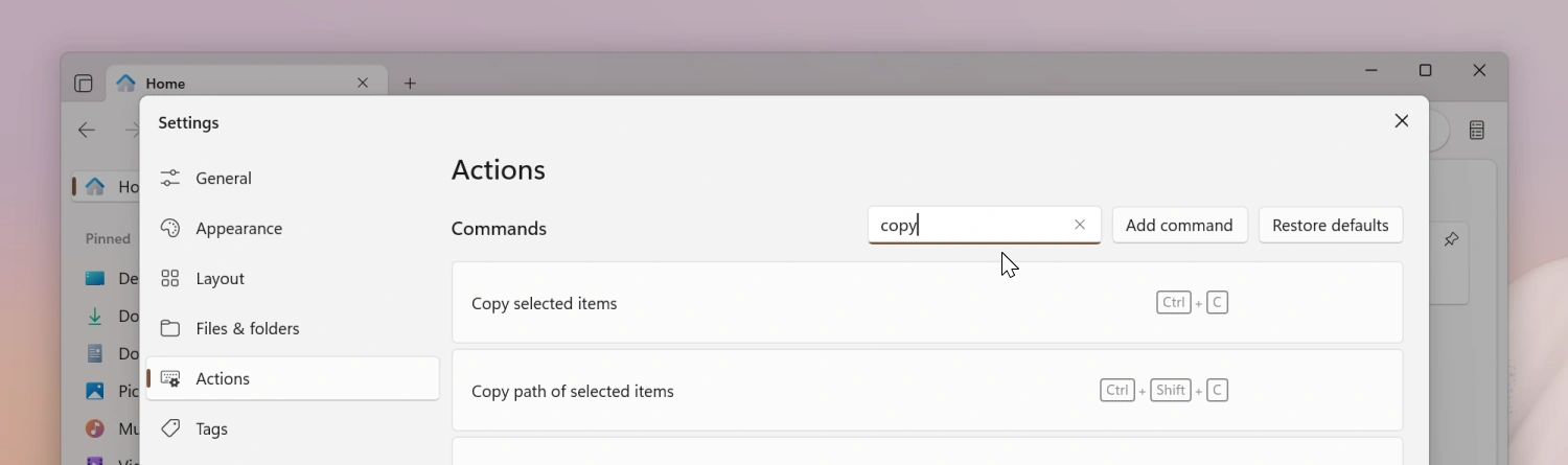 Search box on the Actions settings page