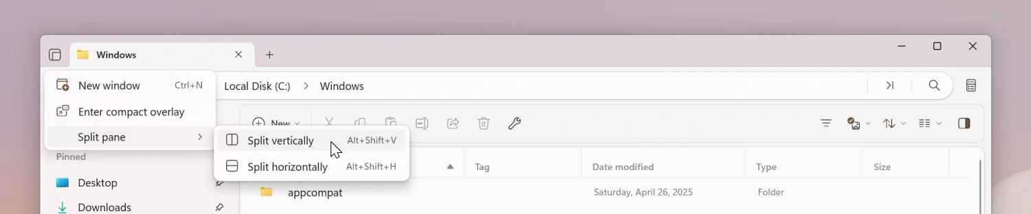 Split pane flyout menu
